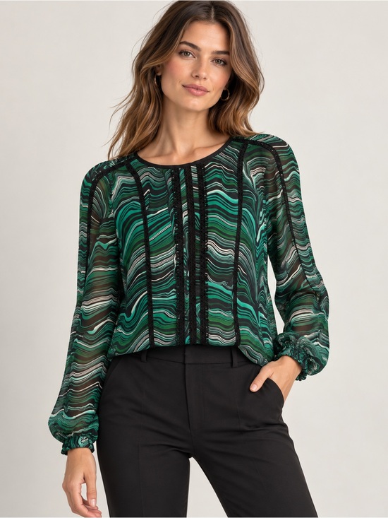 Veronica Beard Tops - Veronica Beard Size 2 Green Black Abstract Swirl Print Sheer Lace Trim Blouse